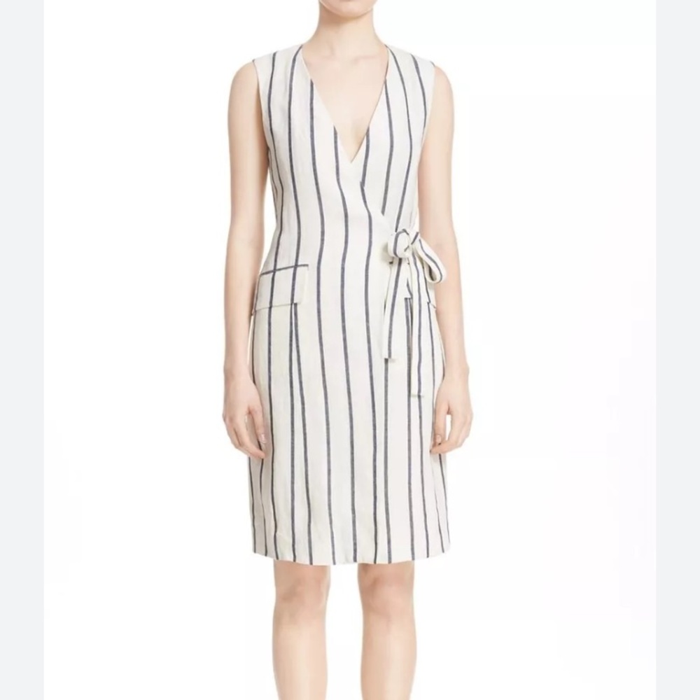 Theory Livwilth Wide-Stripe Linen Wrap Dress